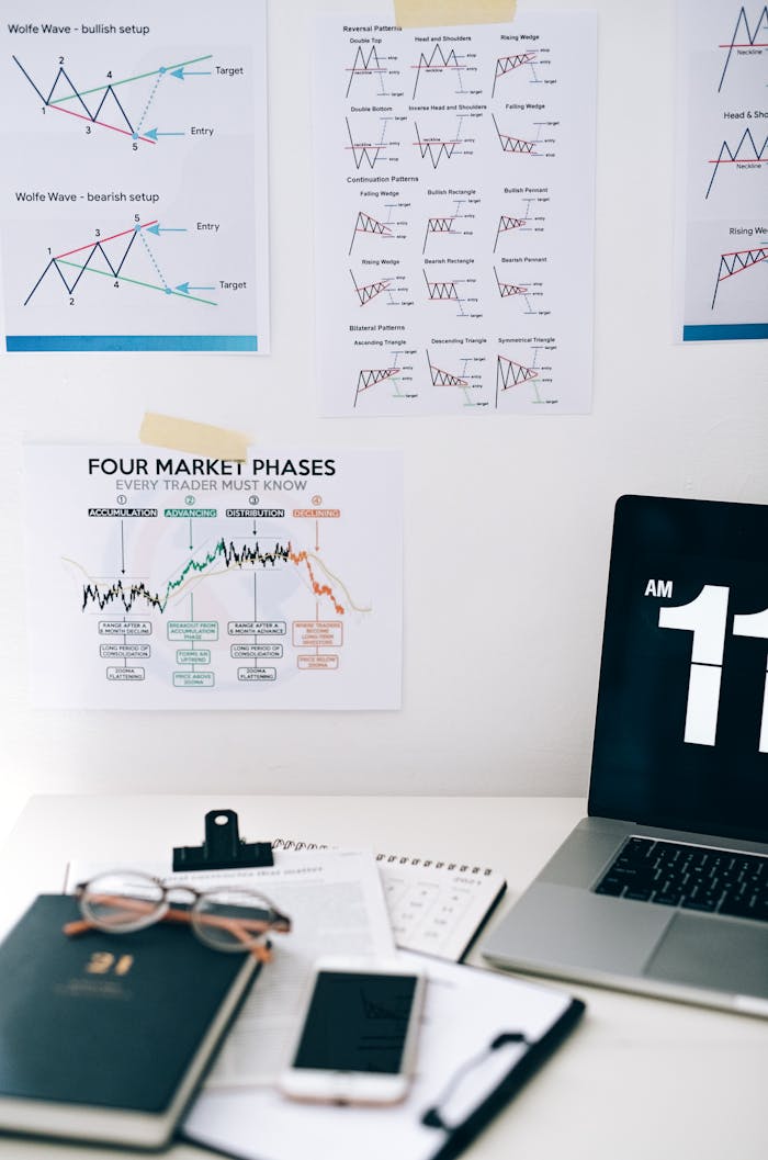 A desk with financial charts, a laptop, and office supplies, perfect for business analysis visuals.