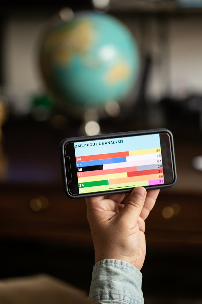 Close-up of hands holding a smartphone displaying colorful data analysis graph.
